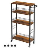 YBING Slim Storage Cart 4 Tier Kitchen Rolling Cart on Wheels Mobile Narrow Cart with Wooden Tabletop Slide Out Utility Cart for Bathroom Laundry Narrow Places Rustic Brown 16.5''L X 7.3''W X 34.6''H YBING