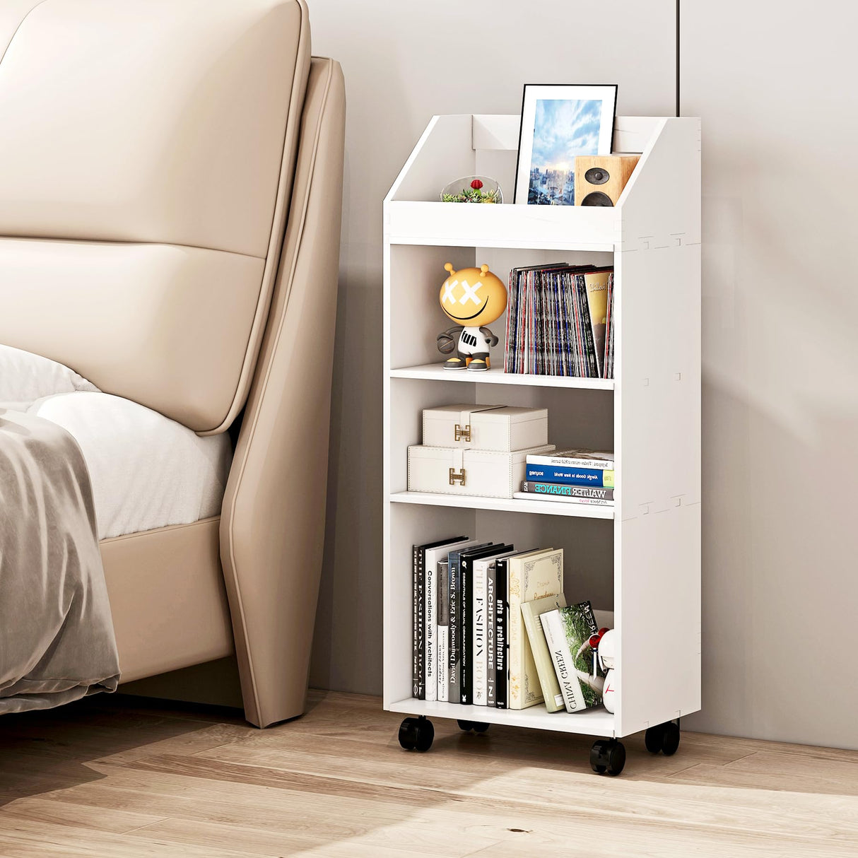 HAYOFAMY 4-Tier Mobile Bookshelf, White Bookcase with Wheels, Rolling File Holder Desk File Book Organizer for Home Office Living Room School HAYOFAMY