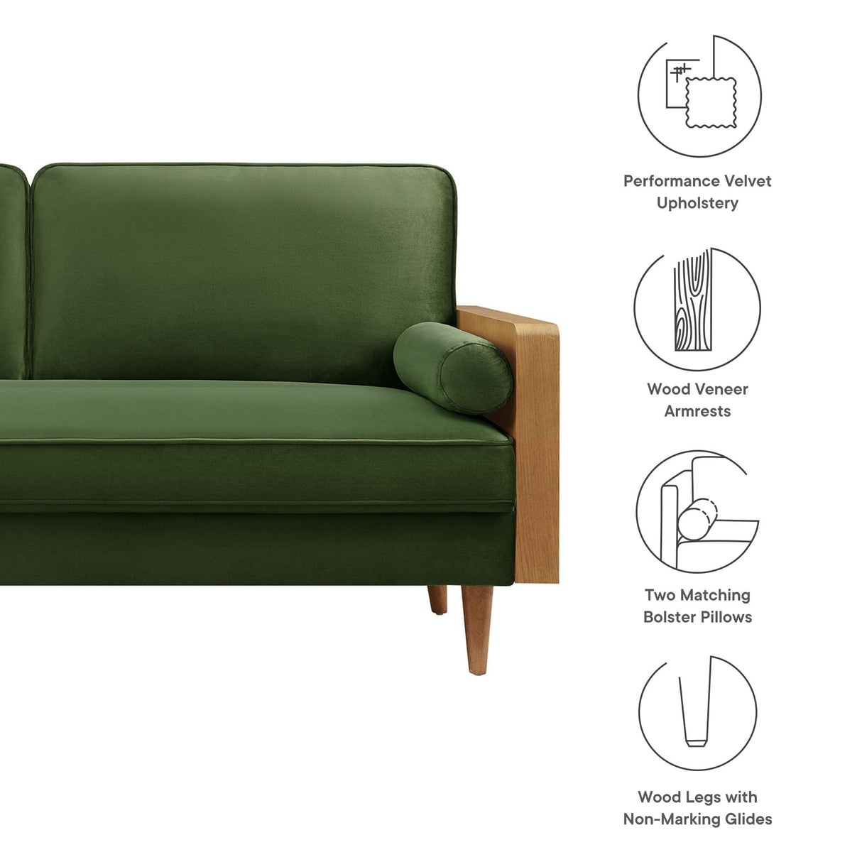 Modway Kellan 72 Inch Velvet Sofa in Walnut Moss Green Modway