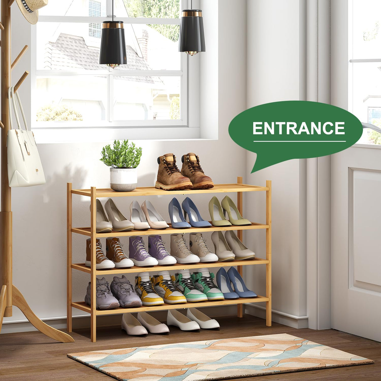 kiplant Long Shoe Rack, 4-Tier Bamboo Wood Shoe Rack, Stackable Shoe Rack for Closet, Entryway & Hallway kiplant