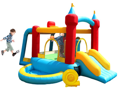 WELLFUNTIME Inflatable Bounce House with Slide, Jumping Castle with Blower and Wave Pool, Basketball Rim, Football Goal