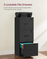 VASAGLE 3 Drawer File Cabinet, File Cabinet with Lock, Printer Stand, Office Filing Cabinet Organizer, for A4 and Letter Size Files, Ink Black UOFC055B16 VASAGLE