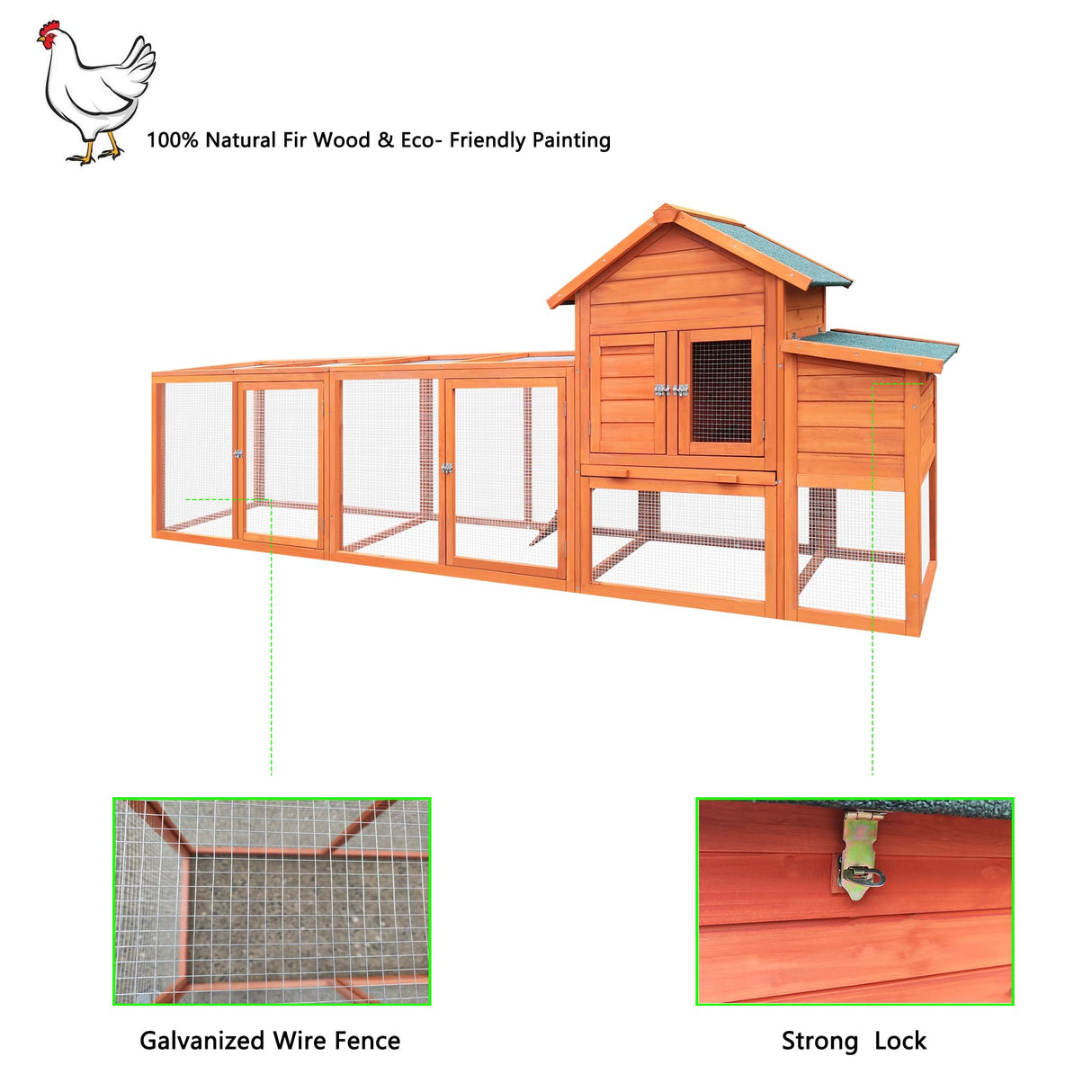 YOPTO 122" Wood Chicken Coop with Nesting Box,Outdoor Chicken Run W/Run&Perch,Wooden Large Hen House W/Ramp&Sliding Trays,Waterproof Poultry Cage W/Sloped Asphalt Roof,for Backyard Farm Use,Natural YOPTO