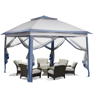 GDY 11x11 Pop Up Canopy Tent, Outdoor Canopy with Netting, Outdoor Gazebo for Backyard, Tent with Wheeled Cover Bag, Blue.