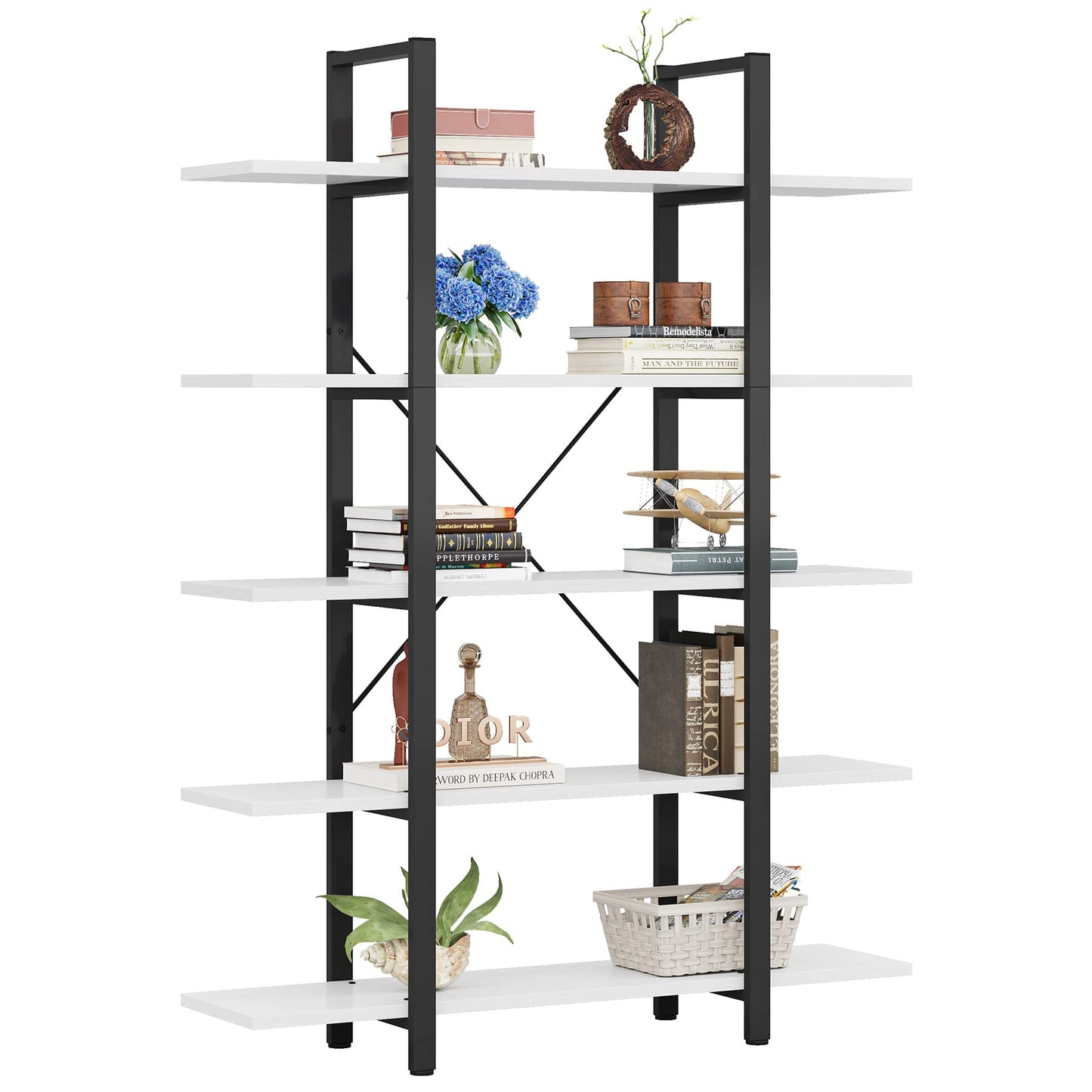 Vintage Industrial 5-Tier Bookshelf by Tribesigns - Extra Large White Bookcase for Stylish Storage - WoodArtSupply