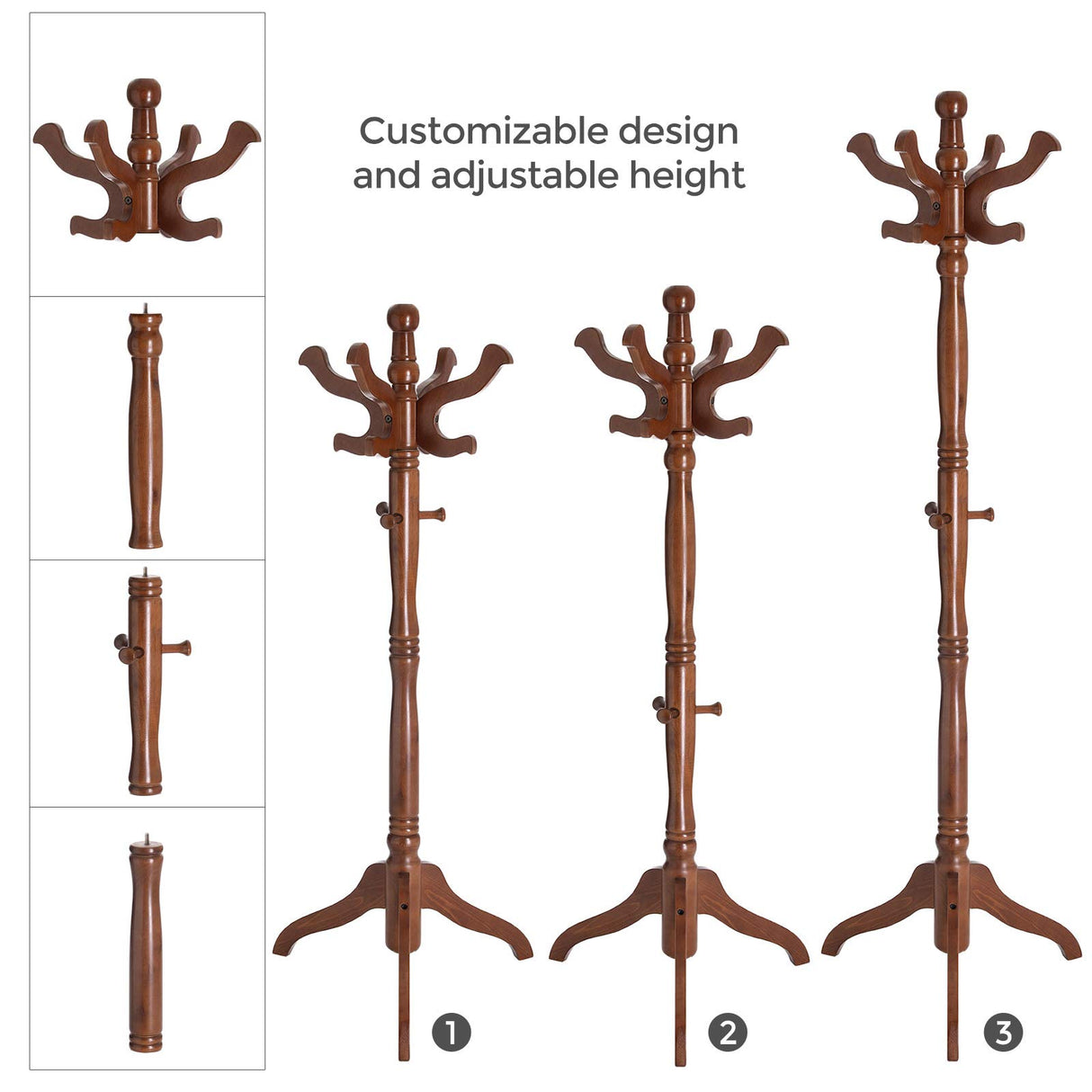 VASAGLE Coat Rack Free Standing with 11 Hooks, Wooden Hall Tree Coat Hat Tree Coat Holder with Solid Rubberwood Base for Coat, Hat, Clothes, Scarves, Handbags, Umbrella, Dark Walnut URCR05WN VASAGLE
