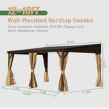 Domi 12x16FT Lean to Gazebo, Hardtop Wall Mounted Gazebo with Sloping Galvanized Steel Roof, Aluminum Frame, Drainage System, Curtains and Netting, for Patio, Deck, Garden, Backyard domi outdoor living