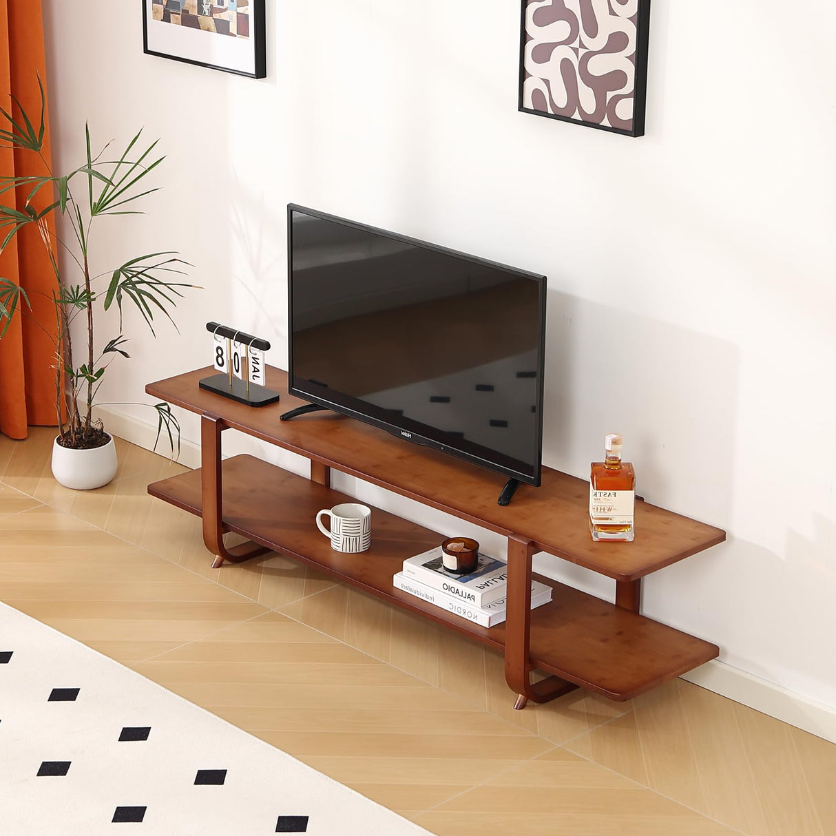Tiita TV Stand with Storage for TVs up to 65'', Bamboo TV Console Entertainment Center with 2 Open Shelf, Mid Century Modern Media Console for Living Room, Bedroom, Walnut Tiita