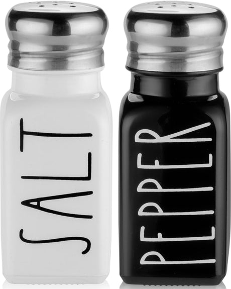 Salt and Pepper Shakers Set by Brighter Barns - Cute Modern Farmhouse Kitchen Decor for Home Restaurants Wedding - Gorgeous Vintage Glass Black White Shaker Sets with Stainless Steel Lids Brighter Barns