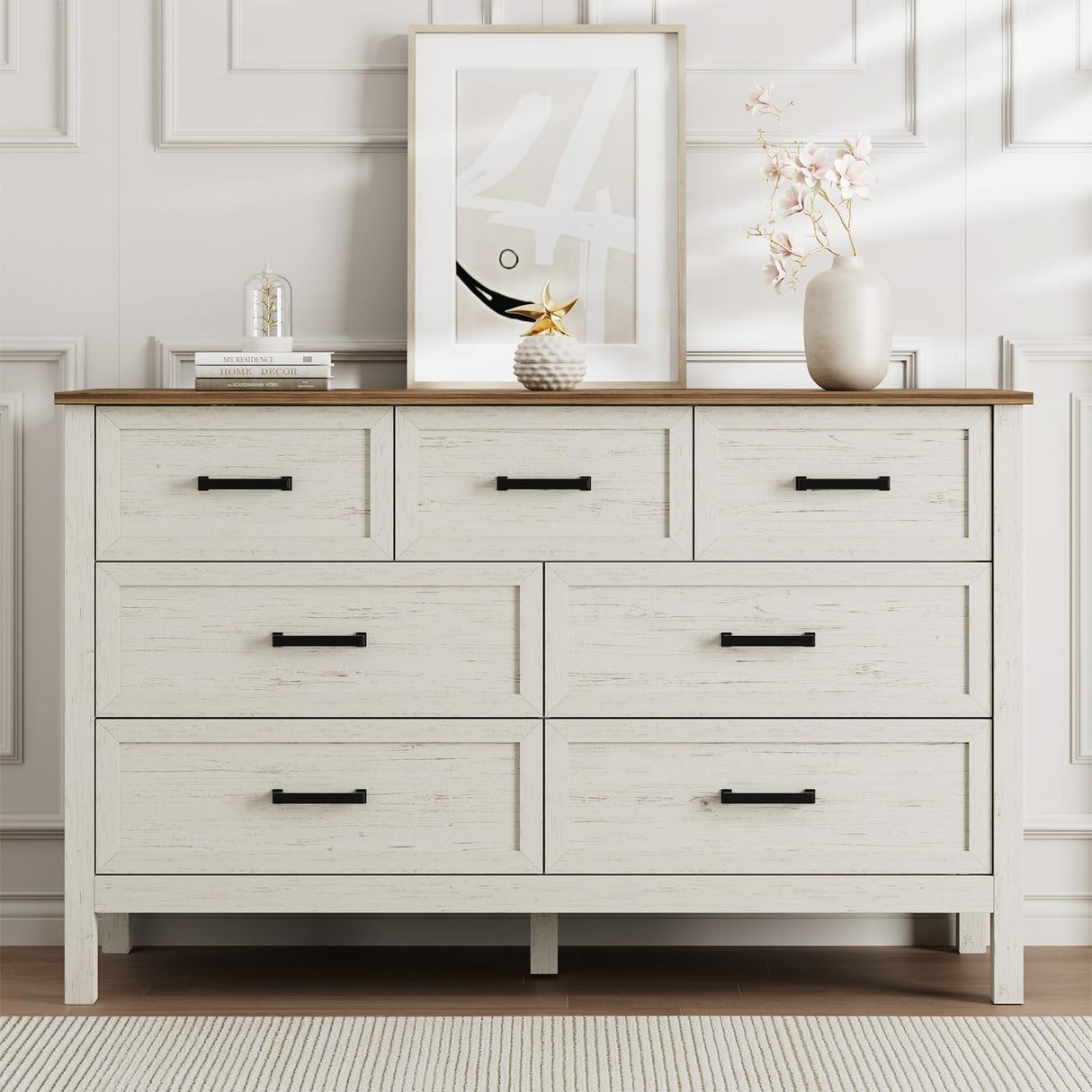 LYNSOM Farmhouse 7 Drawers Dresser for Bedroom, Wood Rustic Wide Chest of Drawers with Deep Drawers, Metal Handle, Storage Dressers Organizer for Entryway, Hallway, Antique White LYNSOM