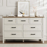 LYNSOM Farmhouse 7 Drawers Dresser for Bedroom, Wood Rustic Wide Chest of Drawers with Deep Drawers, Metal Handle, Storage Dressers Organizer for Entryway, Hallway, Antique White LYNSOM