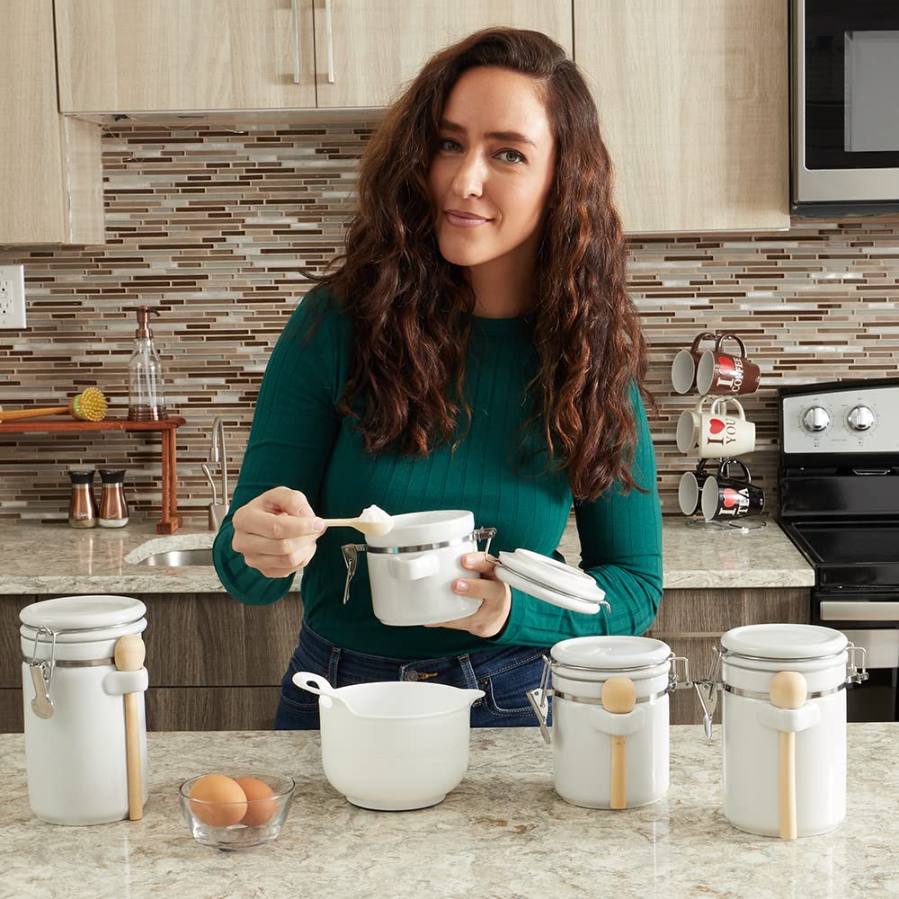 Canister Sets For The Kitchen (4 Piece Set) White, High Gloss Ceramic | By Home Basics | Decorative| With Wooden Spoons, Countertop Set For Flour, Sugar, Coffee, and Snacks Home Basics