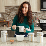 Canister Sets For The Kitchen (4 Piece Set) White, High Gloss Ceramic | By Home Basics | Decorative| With Wooden Spoons, Countertop Set For Flour, Sugar, Coffee, and Snacks Home Basics