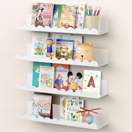 Gattlukd Nursery Book Shelves, 17 Inch White Metal Floating Shelves for Wall 4 Pack, Wall Mounted Book Shelf for Kids Room, Bedroom, Bathroom, Playroom Decor Gattlukd