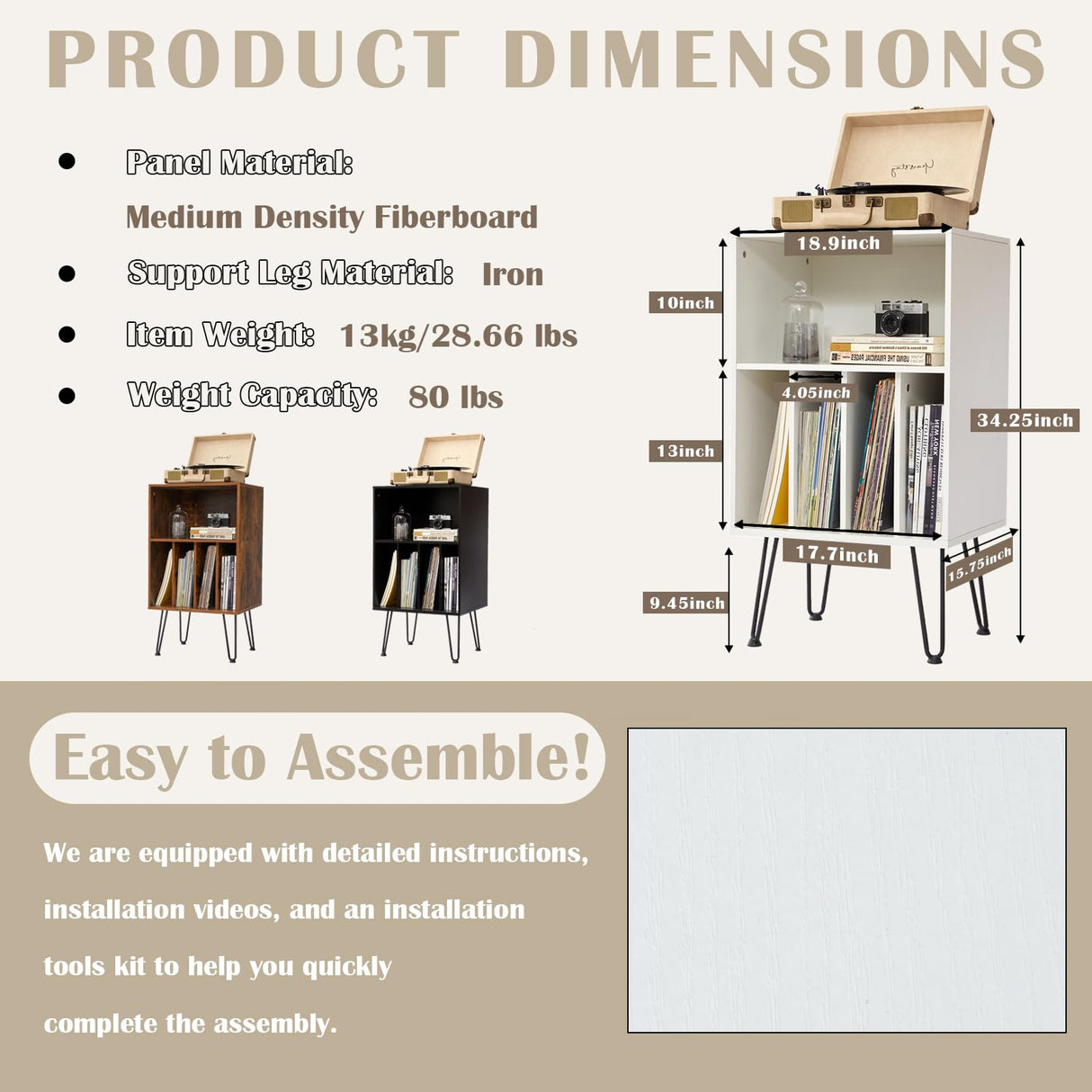 Leesingdo Record Player Stand with Vinyl Storage, Cabinet Holds Up to 150 Albums, End Table for Turntable, Living Room, White Leesingdo