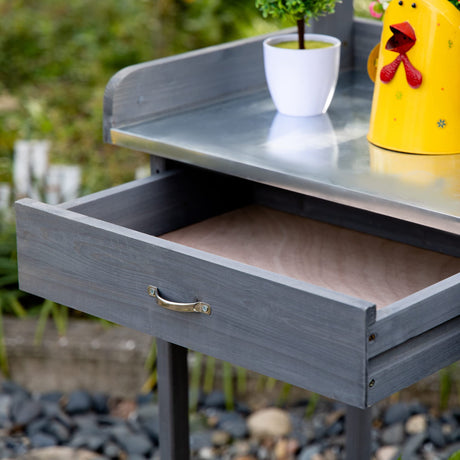 Outsunny Outdoor Potting Bench Table, Garden Work Station with Storage Cabinet, Open Shelf and Steel Tabletop, Gray Outsunny