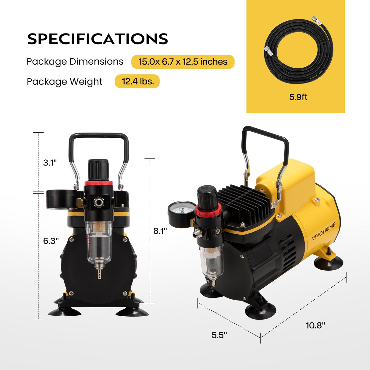 VIVOHOME Airbrush Kit with Dual Fan Air Compressor and 3 Dual Action Airbrush Gun, Gravity and Siphon Feed, Quiet Air Brush Set with 8 Primary Opaque Colors, Cleaning Brush, Yellow VIVOHOME