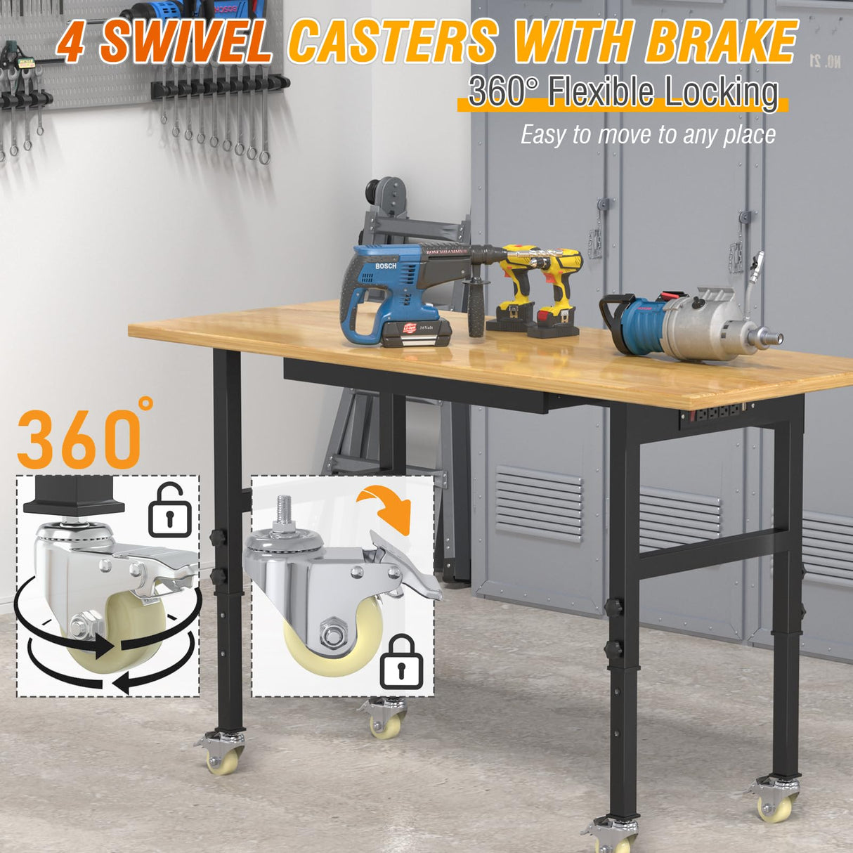Pelnuies Workbench, 60" Adjustable Height Work Table with Power Outlet, Drawer and Wheels, 2000 LBS Load Capacity Hardwood Work Bench for Garage, Workshop, Home, Office (60" X 24") Pelnuies