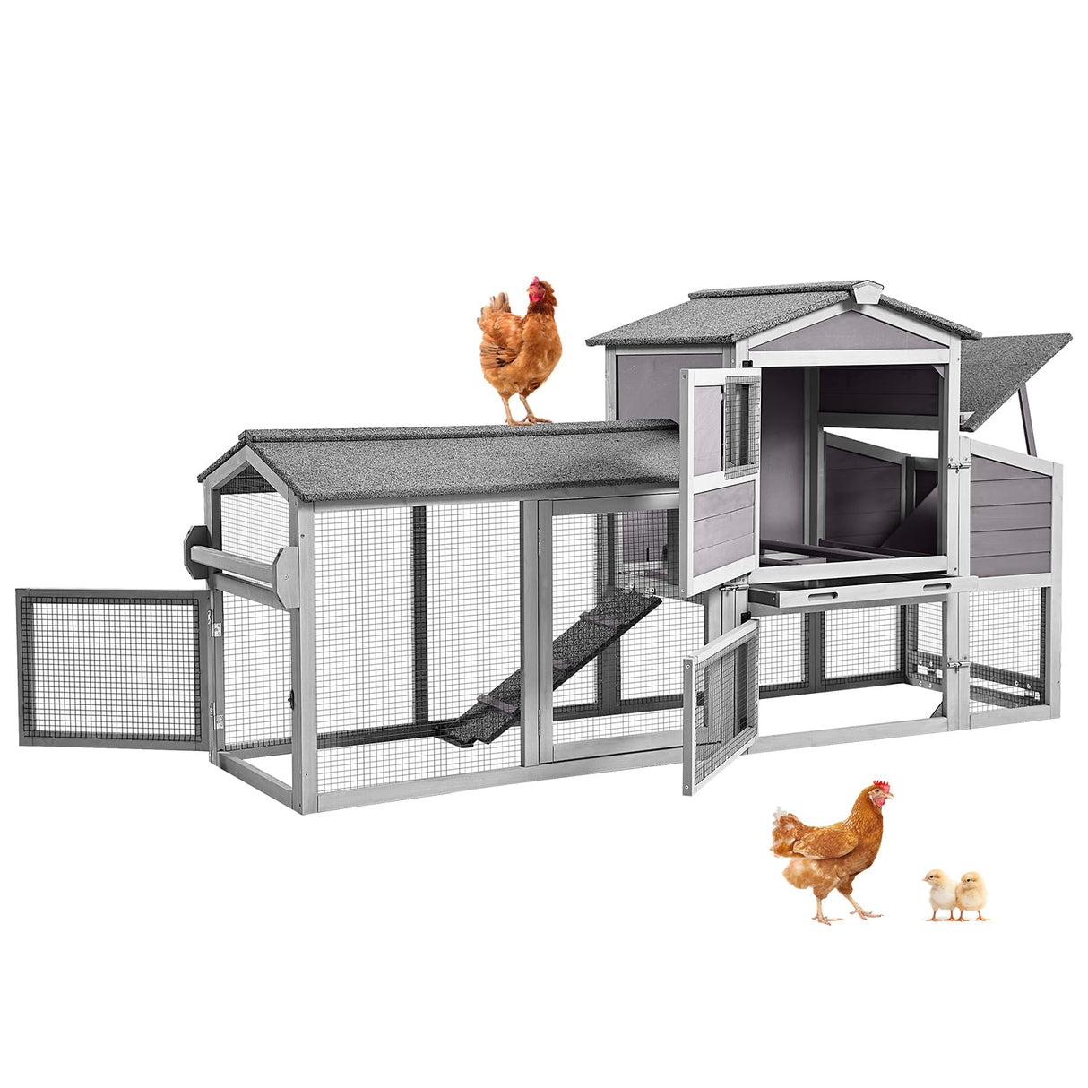 Wooden Chicken Coop with Wheels, Mobile Hen House 80" Outdoor Poultry Cage with Nesting Box Run Suumerpety