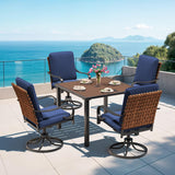 MELLCOM 5-Piece Outdoor Dining Set, 4 Swivel Leather-Look Chairs with Cushions & Square Dining Table with Umbrella Hole, Patio Furniture Set for Porch, Garden, Backyard, Poolside, Deck, Blue MELLCOM