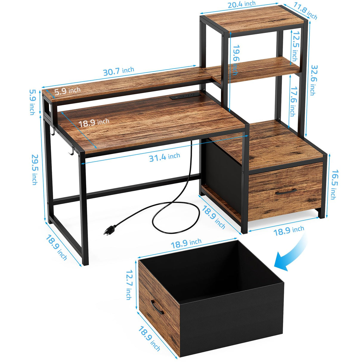 GreenForest Computer Desk with Drawers and Monitor Stand, Home Office Desk with Storage Shelves, Small Gaming Desk with Power Outlets and LED Lights for Study Writing Working, 51 inch Walnut GreenForest