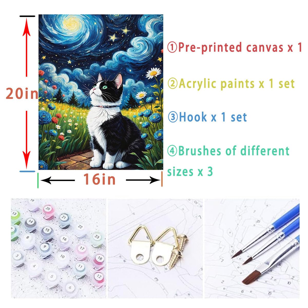 Lovepefe Starry Night Paint by Numbers Kit for Adults Beginner Cat Oil Painting Kit Adult Paint by Number Kits on Canvas DIY Painting for Beginners Art by Numbers for Gifts Home Wall Decor 16x20 Inch Lovepefe