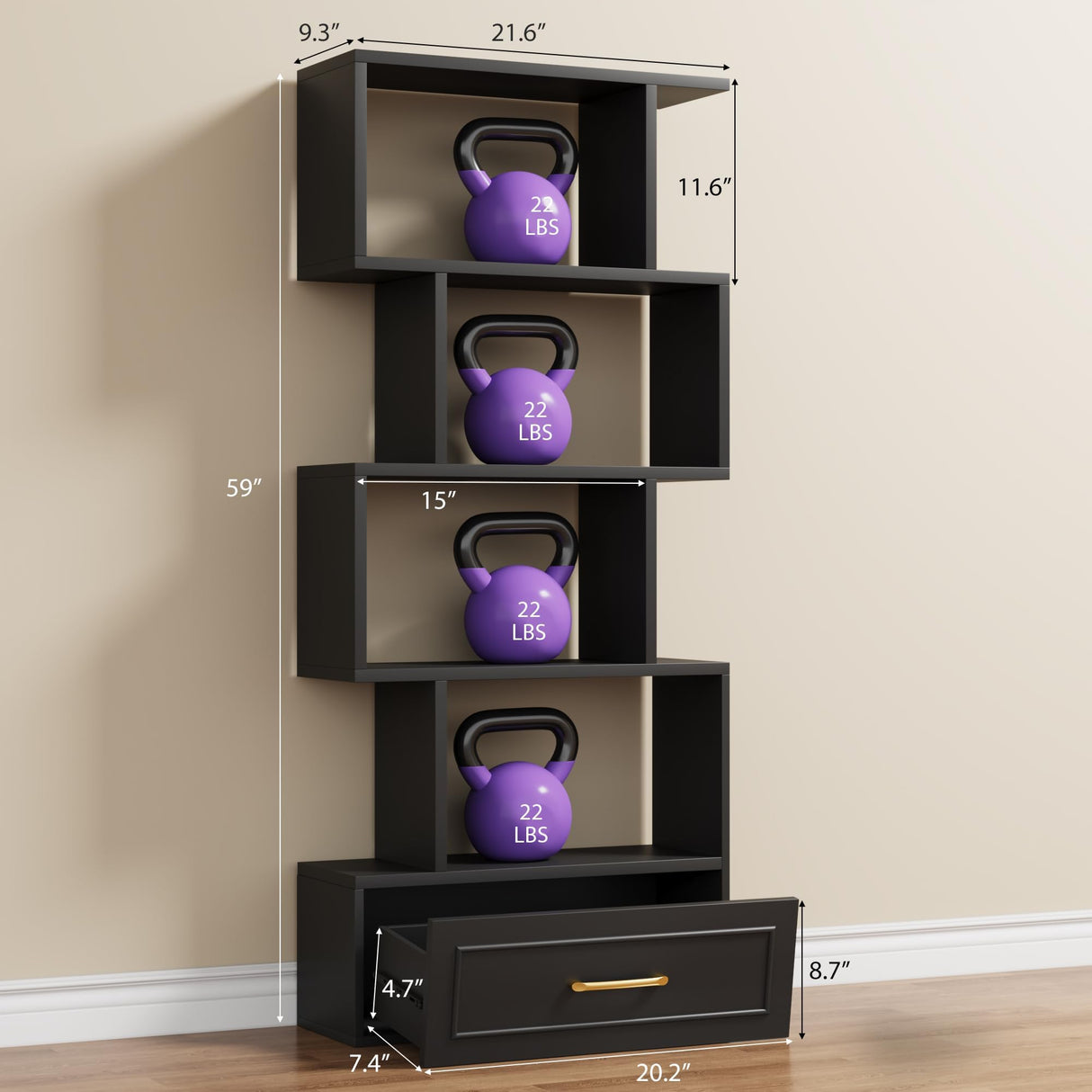 Geometric Bookshelf, 59” Tall S Shaped Bookshelf with Drawer, 5 Tier Bookshelf with Anti-Tipping Device, Wood Geometric Open Storage Display Shelf for Living Room,Study Room,Office,Bedroom(Black) HOTLUU