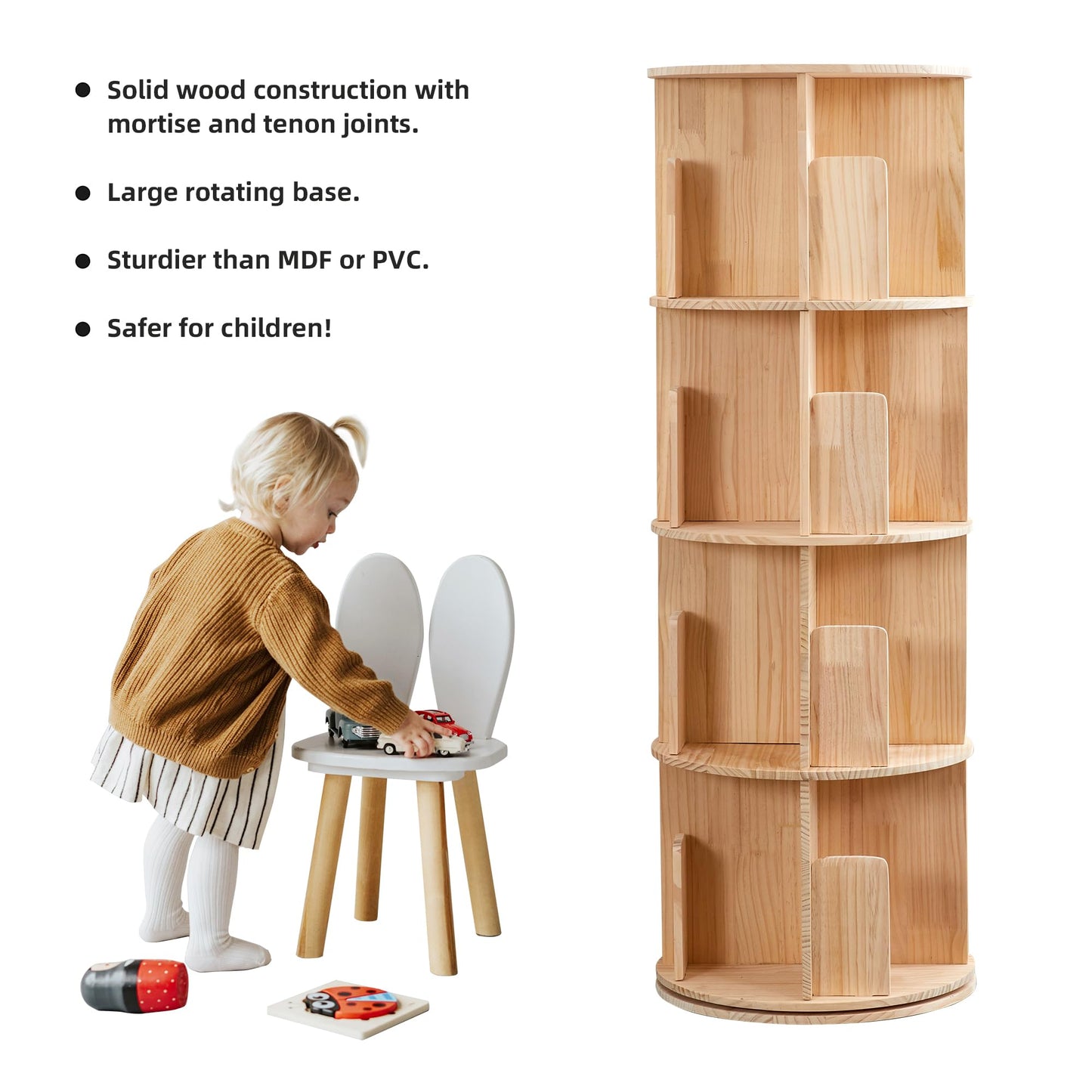 Elfpark 4-Tier 360° Rotating Bookshelf – Dual Layer Wood Storage Solution for Kids and Living Spaces - WoodArtSupply