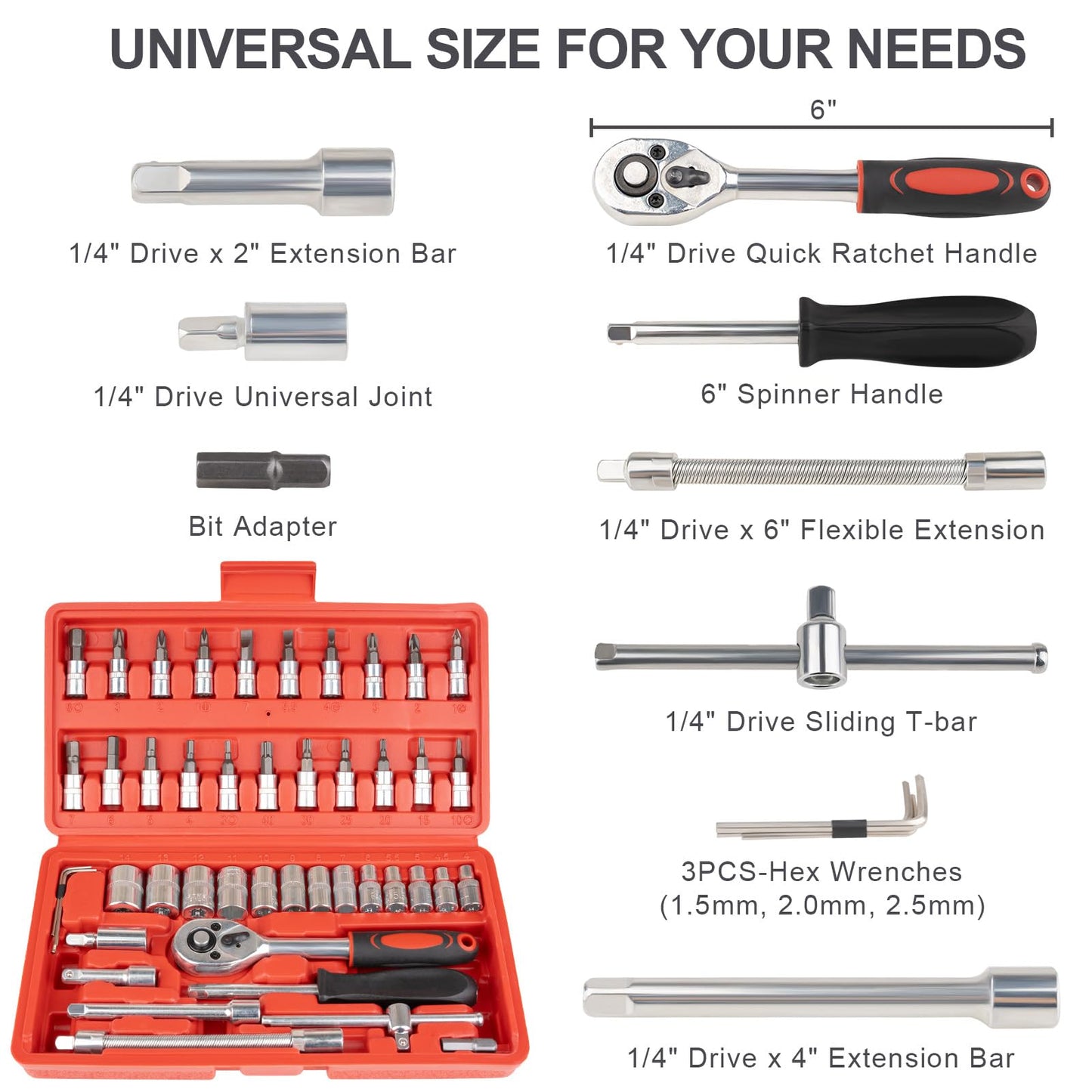 Beaiguna 46PCS Small Drive Socket Ratchet Wrench Screwdriver Set, 1/4 Inch Metric Socket and Ratchet Wrench Set with Extension Bar, Upgrade Compact Snap on Ratchet Wrench Sockets Tool Set for Car