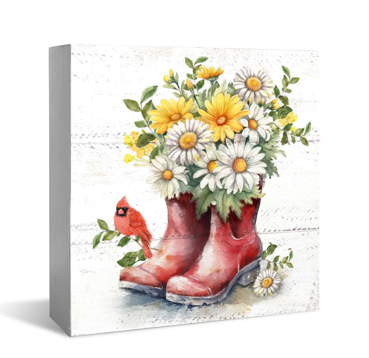 XDFVL Farm House Decorations for Home, Flowers Wooden Box Sign Desk Deocr, Rustic Red Rain Boots with Flowers Home decor, Living Room Bedroom Shelf Farmhouse Desk Decorations 5 x 5 Inches