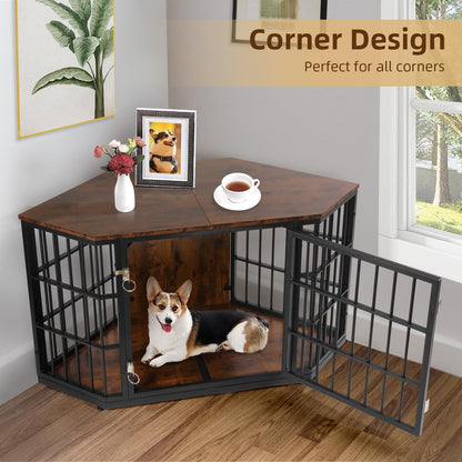 VOWNER 47 Inch Dog Crate Furniture Corner, Wooden Dog Kennel Furniture, End Table Dog Crate for Medium Dogs, Indoor Pet Crates Corner Side Table for Dogs, Wide Top Perfect for Limited Room, Brown