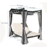 Domi Aluminum Outdoor Patio Daybed with Retractable Canopy Bed, Double Chaise Lounge Outdoor Grey Curtain with Beige Cushion & Cup Holder, for Outside Pool,Garden,Backyard,Lawn domi outdoor living