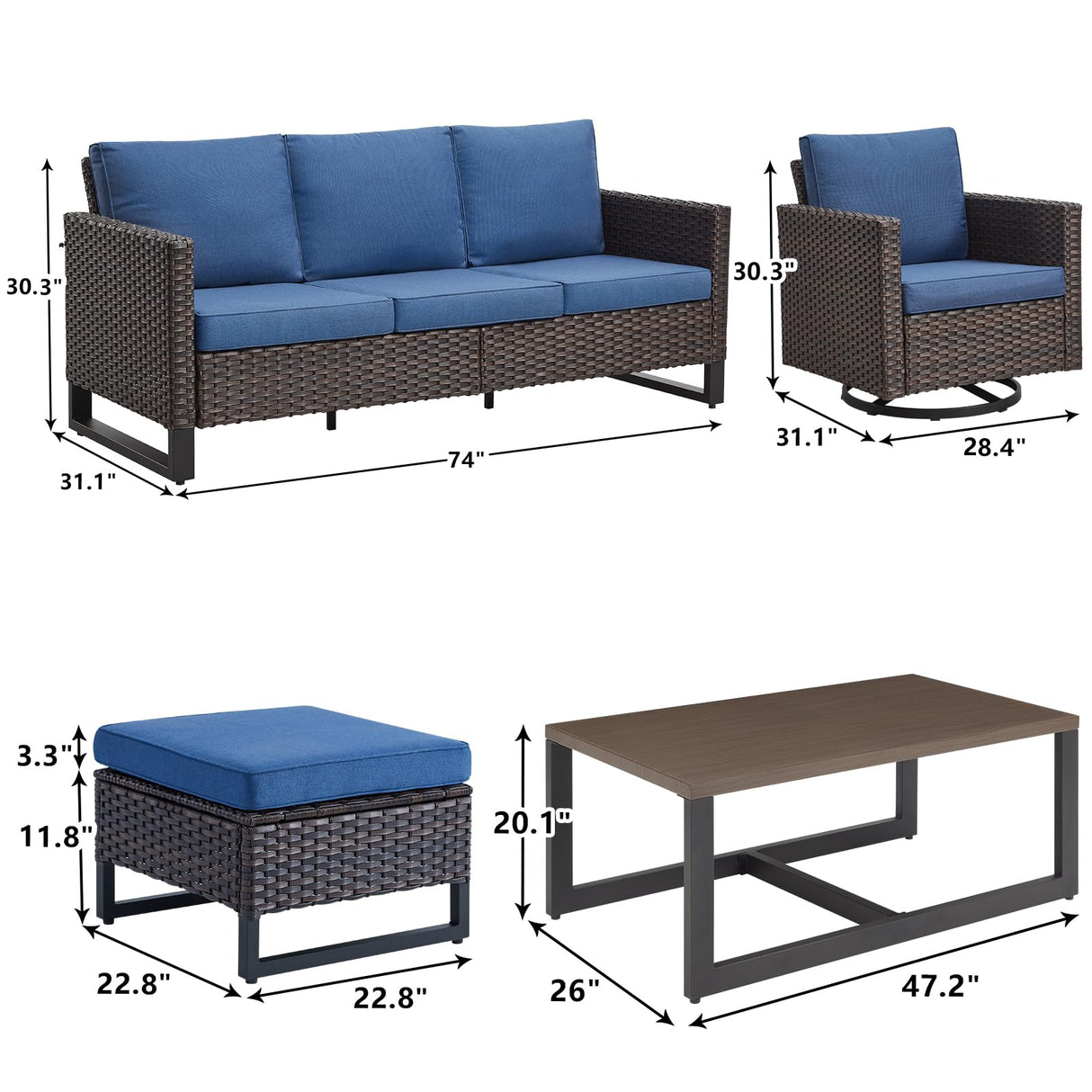 Rilyson Patio Furniture Swivel Chiars Set - 6 Piece Wicker Outdoor Patio Conversation Set with Rattan Rocking Glider Chair,Ottoman Sofa and Coffee Table for Porch Deck Garden(Brown/Blue) Rilyson