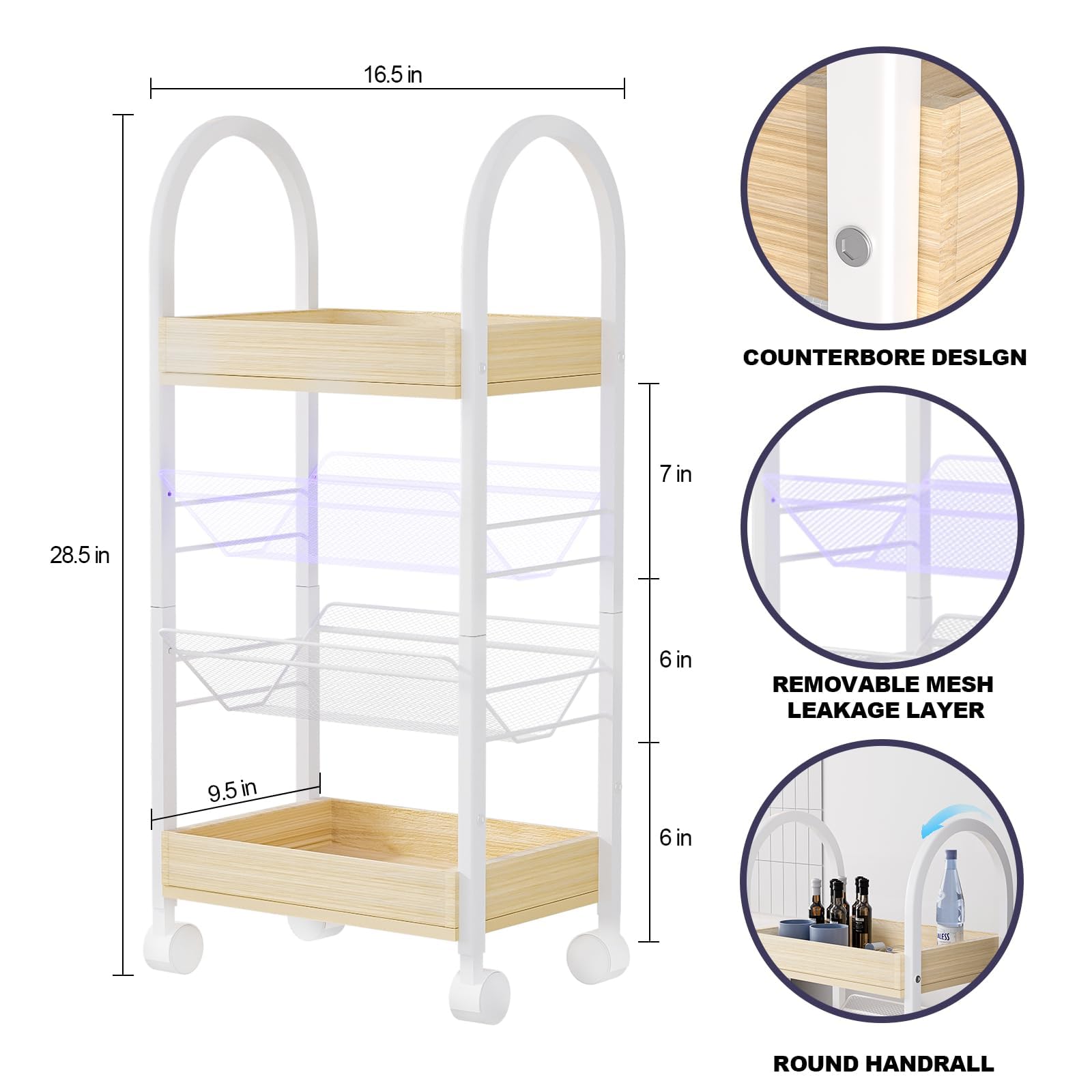 Small Kitchen Bathroom Organizer Cart - 4-Tier Narrow Rolling Cart Organizer with for Bookcase, Office,2 Metal Basket,2 Wooden Tray,Upgraded Version Arc Handle,9.5" D x 16.5" W x 28.5" H - WoodArtSupply