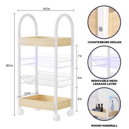 Small Kitchen Bathroom Organizer Cart - 4-Tier Narrow Rolling Cart Organizer with for Bookcase, Office,2 Metal Basket,2 Wooden Tray,Upgraded Version Arc Handle,9.5" D x 16.5" W x 28.5" H - WoodArtSupply