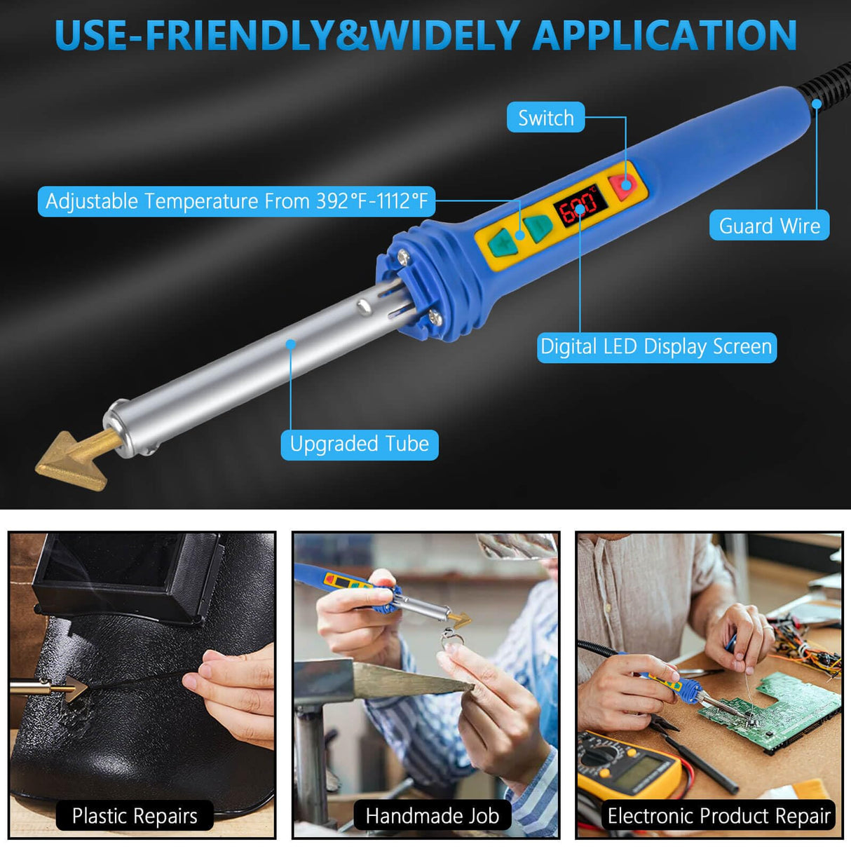 GNI Upgraded 150W LED Digital Adjustable Temperature Plastic Welder, 106PCS Welding Rods Plastic Repair Kit, 5 Tips 3 IN 1 Plastic Welder Soldering Iron Kit, Plastic Welding Kit for DIY Bumper Kayaks GNI