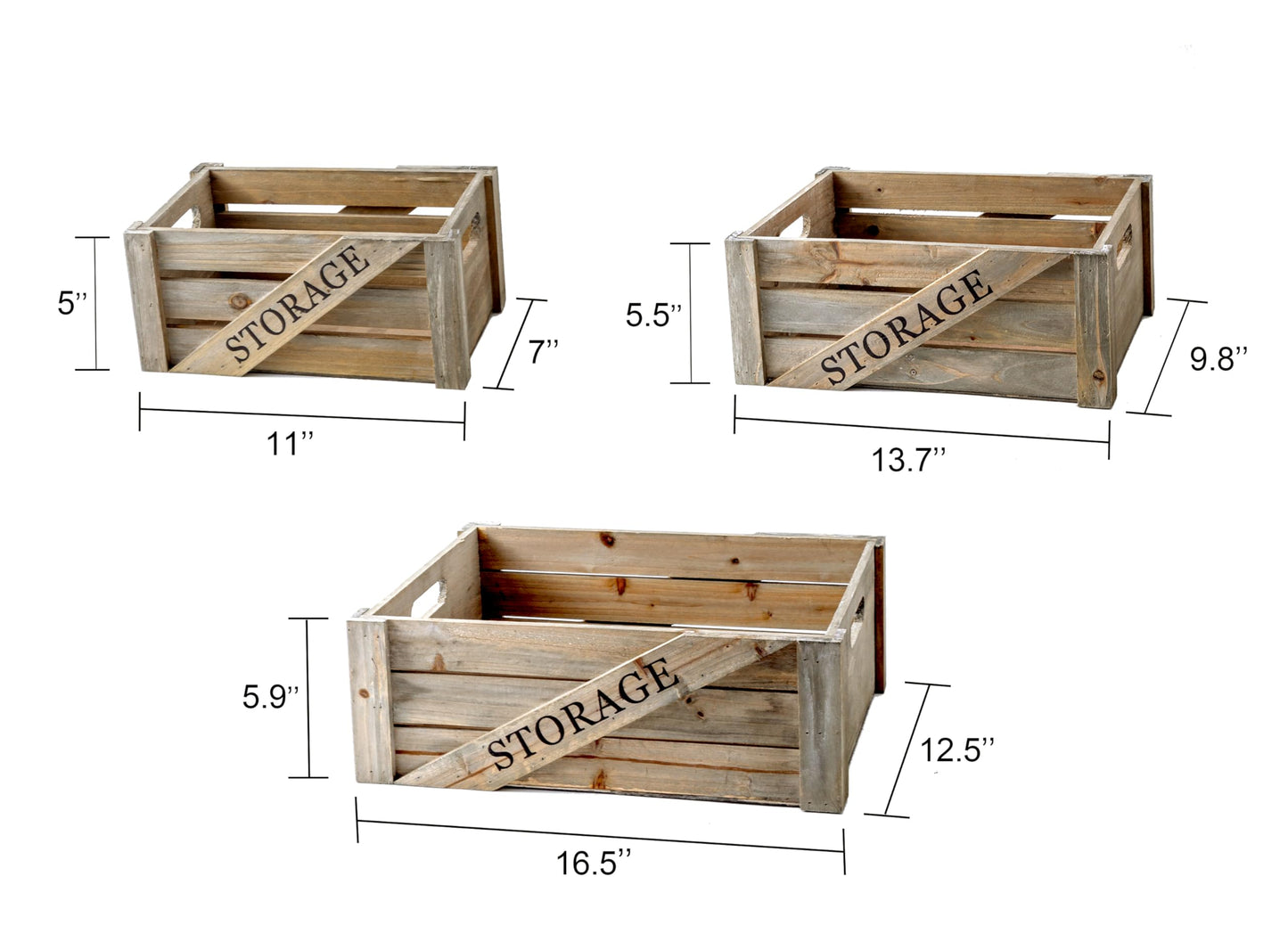 Set of 3 Large Decorative Wooden Crates, Rustic Nesting Storage Wood Crate Boxes with Handles, Farmhouse Stackable Wooden Containers for Display (Rustic Gray)