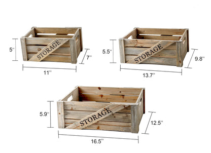 Set of 3 Large Decorative Wooden Crates, Rustic Nesting Storage Wood Crate Boxes with Handles, Farmhouse Stackable Wooden Containers for Display (Rustic Gray)