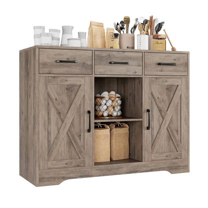 HOSTACK Modern Farmhouse Buffet Storage Cabinet, Barn Doors Wood Sideboard with Drawers and Shelves For Coffee Bar, Kitchen, Dining Room, Living Room, Ash Grey - WoodArtSupply