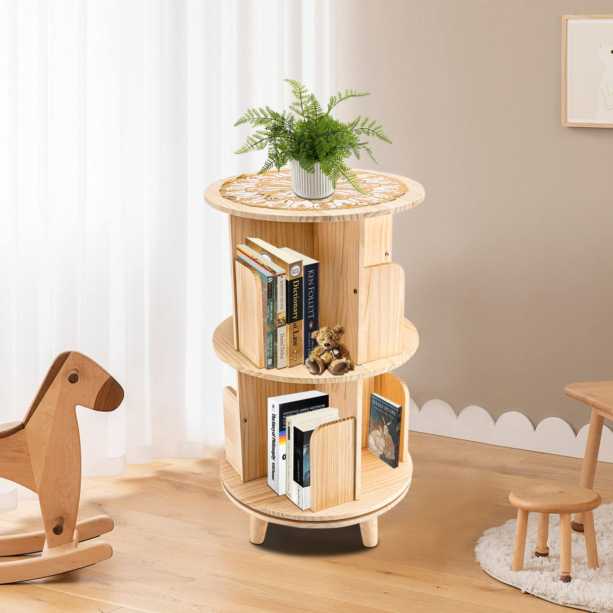 Upyouths 2-Tier Rotating Bookshelf – Multi-Functional Floor Standing Organizer in Wooden Design Upyouths