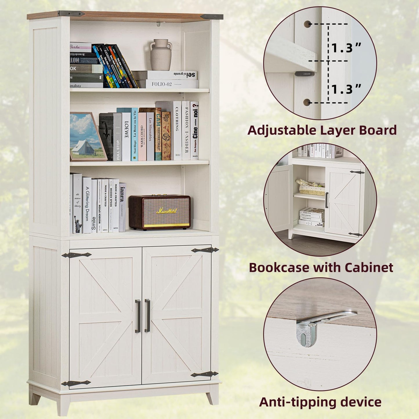 Joaxswe 5 Tier White Farmhouse Bookshelf with Barn Doors and Storage Cabinet - WoodArtSupply