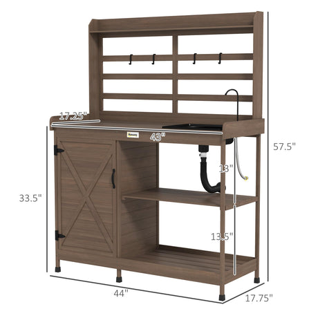Outsunny Outdoor Wooden Potting Bench Table with Sink and Water Tap, Garden Workstation with Storage Cabinet, Storage Shelves for Backyard, Patio, Balcony, Dark Brown Outsunny