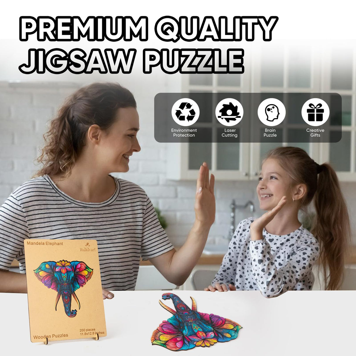 Ruikiyart Wooden Puzzles for Adults Mandala Elephant Jigsaw Puzzles 200Pcs Unique Shapes Colorful Animal Puzzles Fabulous Gift for Kids and Adults on Birthday,Thanksgiving,Christmas 11.8x12.8 Inches Ruikiyart