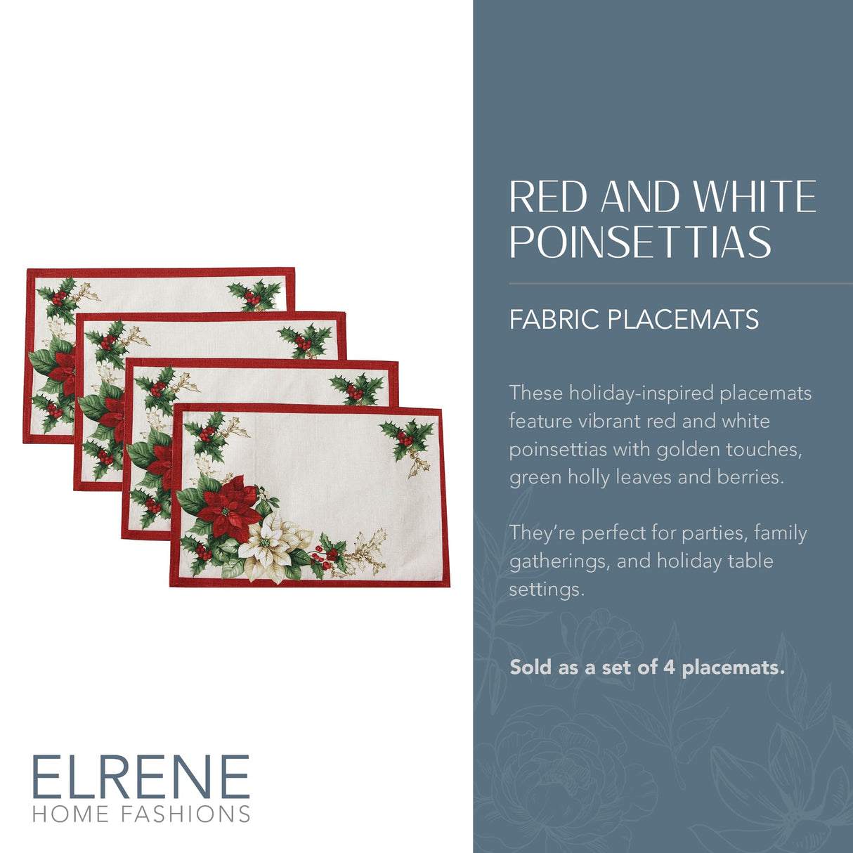 Elrene Home Fashions Red and White Poinsettia Holiday Fabric Placemats, Christmas Mats for Table Decor, 13 Inches x 19 Inches, Set of 4 Elrene