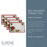 Elrene Home Fashions Red and White Poinsettia Holiday Fabric Placemats, Christmas Mats for Table Decor, 13 Inches x 19 Inches, Set of 4 Elrene