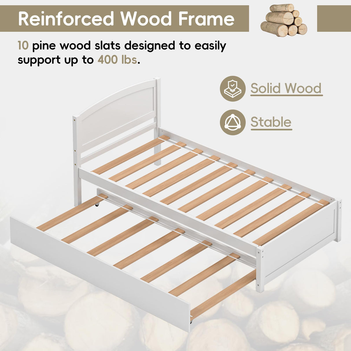 Callales Twin Trundle Bed, Solid Wooden Pull Out Bedframe, Extendable Day Bed with Headboard and Soild Wood Slats Support, Bedroom, Living Room, Guest Room, No Box Spring Needed (White) Callales