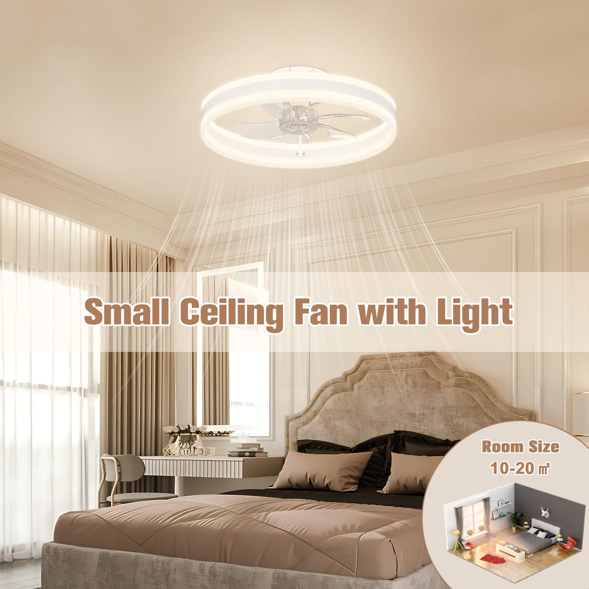VOLISUN Fandelier Ceiling Fans with Lights and Remote, 15.7in Low Profile Ceiling Fan Flush Mount, 3000K-6500K Dimmable Bladeless LED Fan Light, White Modern Ceiling Fans with Lights for Bedroom VOLISUN