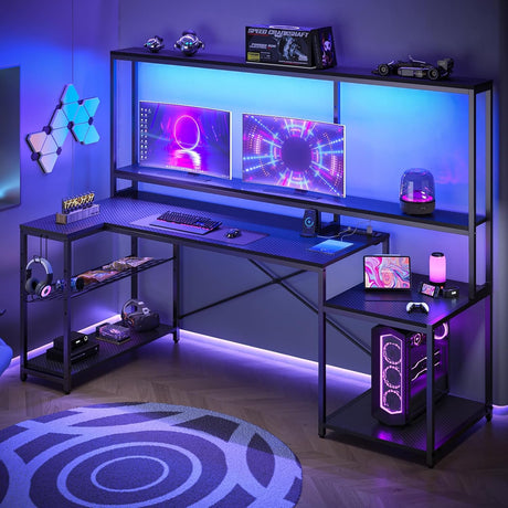 Bestier LED Gaming Desk with Hutch, 71.5 inch L Shaped Computer Desk with Power Outlets, Large Corner Desk Home Office Desk with Monitor Stand and Storage Shelf, Carbon Fiber Black Bestier