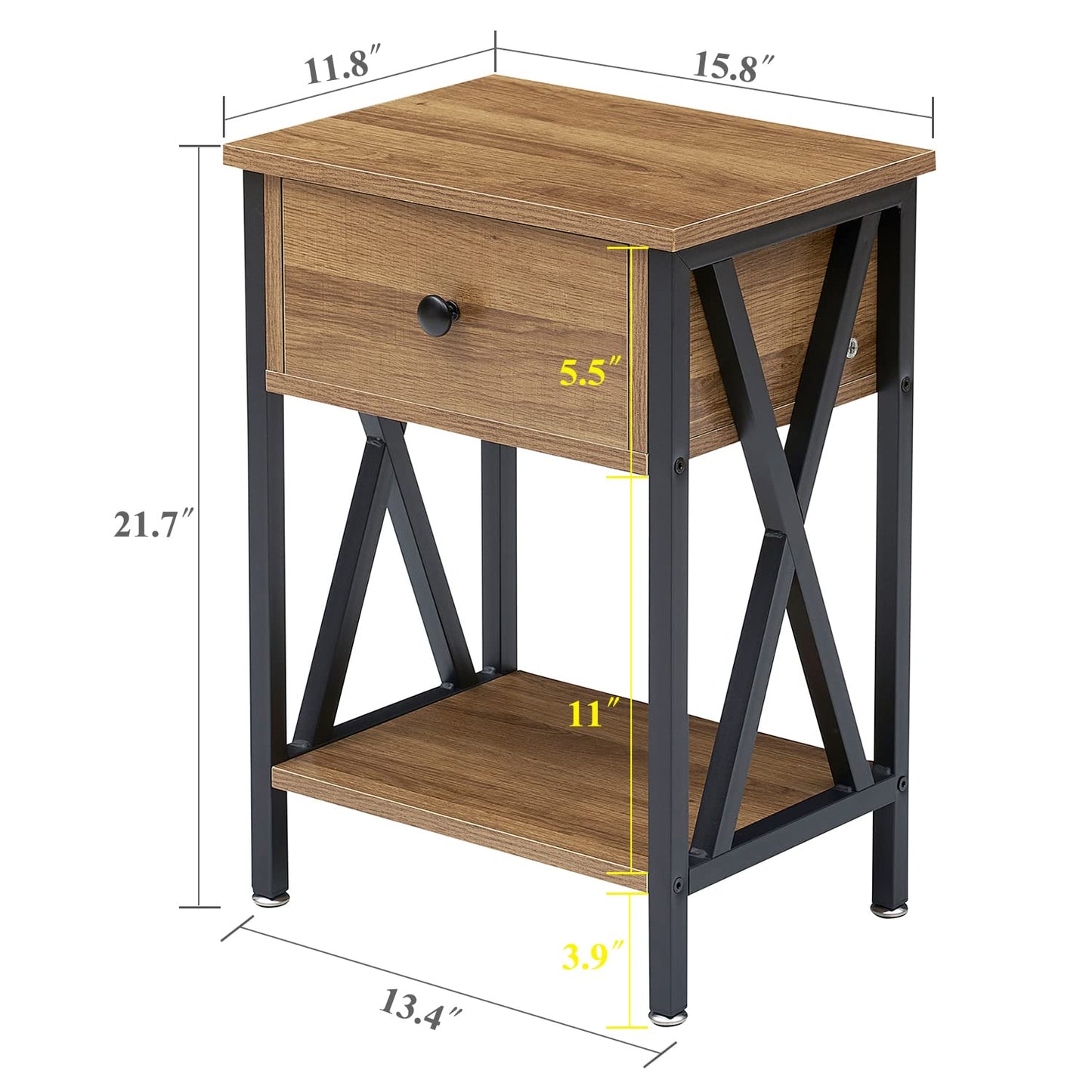 VECELO Nightstands Set of 2, Modern Bedside End Tables, Night Stands with Drawer and Storage Shelf for Living Room Bedroom, Industrial Metal Frame, Walnut Brown - WoodArtSupply