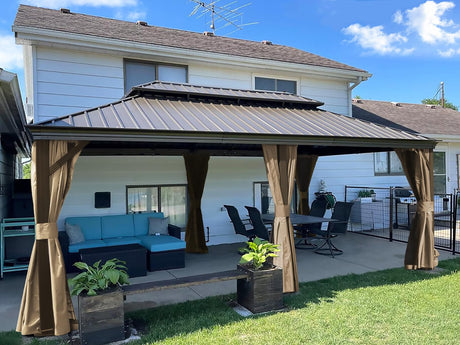 Domi Outdoor Living 14’ X 20’ Hardtop Gazebo, Outdoor Aluminum Frame Canopy with Galvanized Steel Double Roof, Outdoor Permanent Metal Pavilion with Curtains and Netting for Patio, Backyard and Lawn domi outdoor living